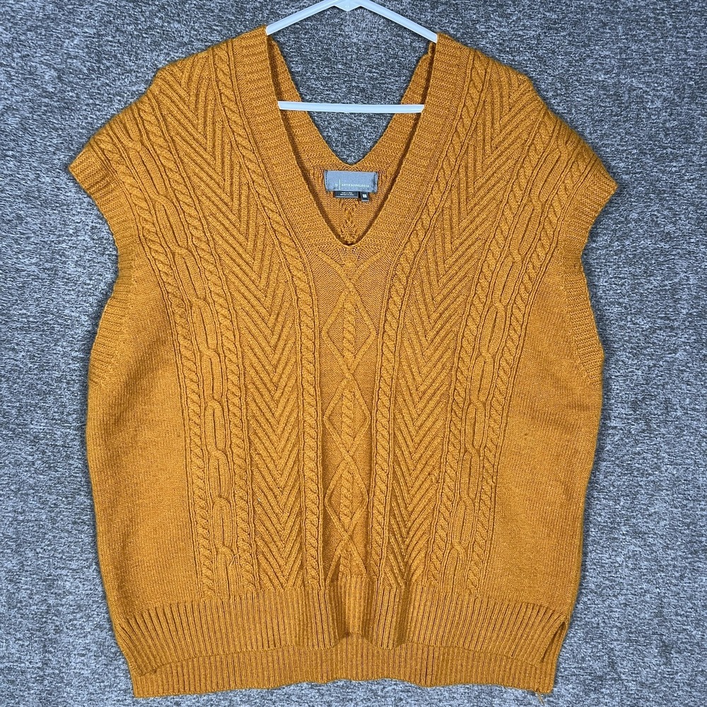 Anthropologie Sweater Vest Womens One Size‎ Mustard Cable Knit V Neck Pullover